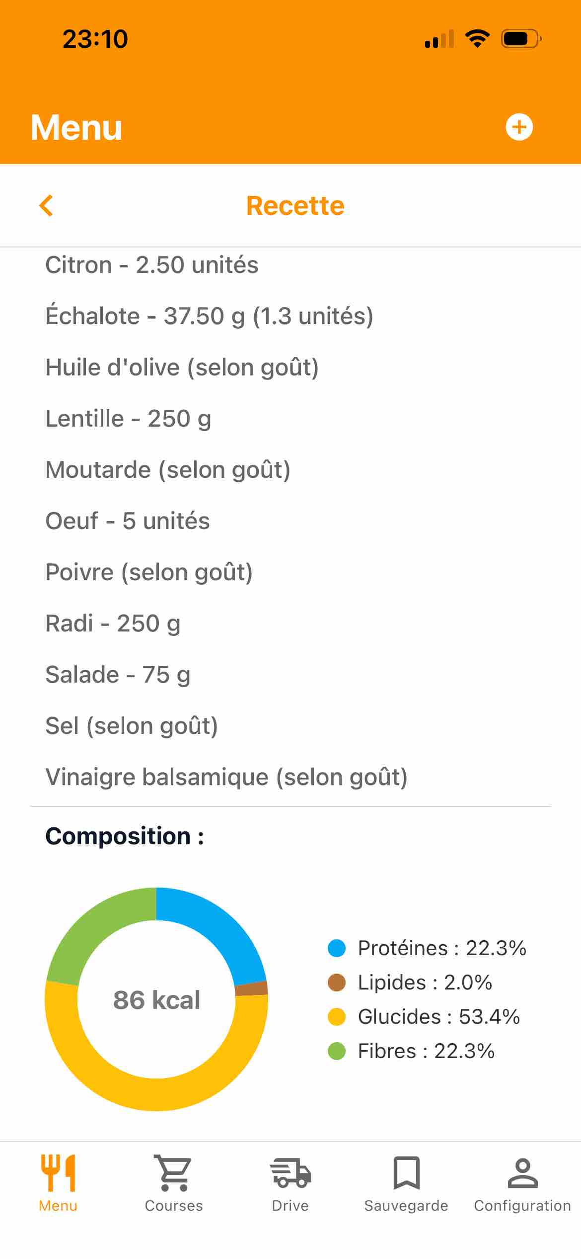 Analyse nutritionnelle CoursesPlanner